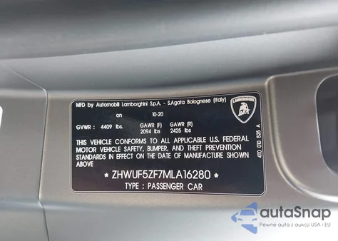 2021 Lamborghini Huracan Evo Coupe из США, поврежденный, VIN ZHWUF5ZF7MLA16280